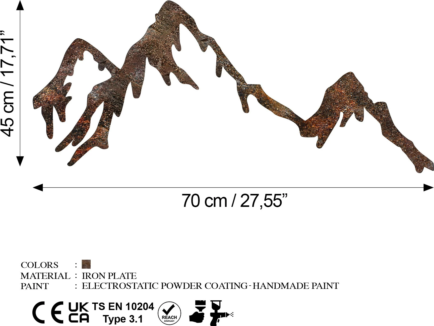 Aksesor dekorativ muri prej metali, Rusty Mountain, ngjyrë antike, 45x70cm