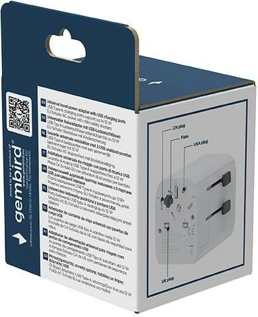Adapter universal udhëtimi EU, Gembird, TPA-EU2A12-01-W, 12 W, 2x USB-A, soket Schuko, me priza US/UK/AU/CN, i bardhë