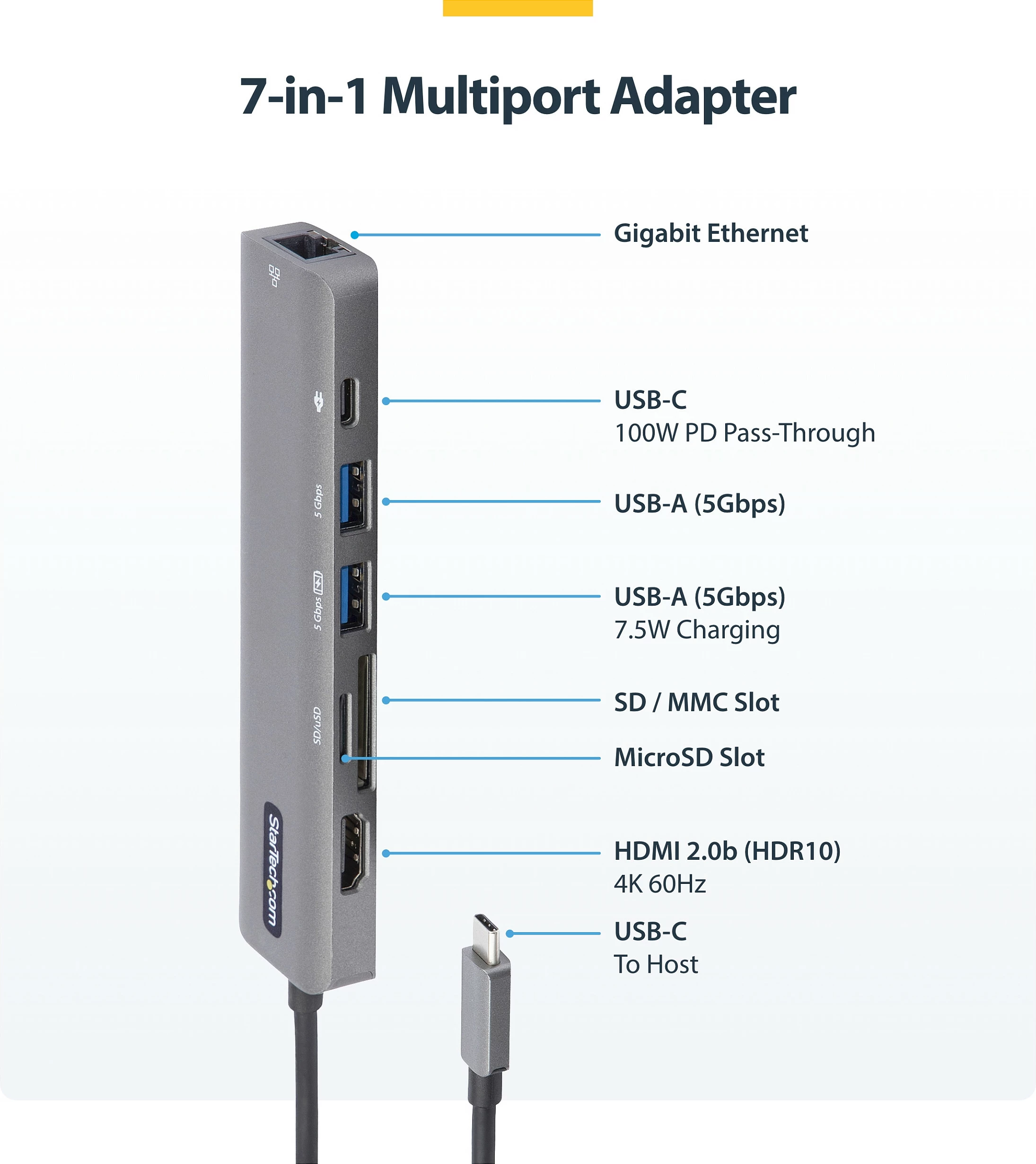 Adapter Hub USB-C StarTech, HDMI 4K 60Hz, Gigabit Ethernet, 100W USB-C PD, SD/microSD, 2x USB-A 5Gbps, i zi/hiri