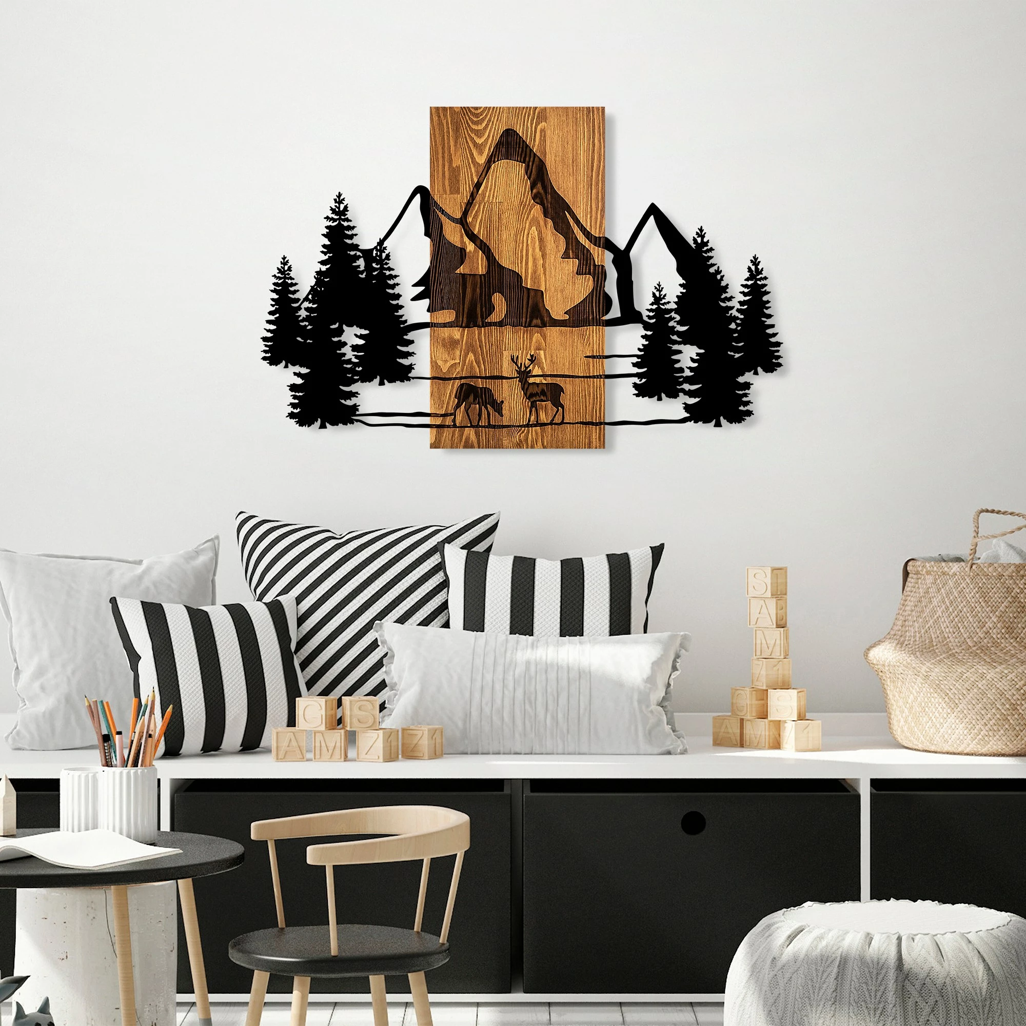 Aksesor dekorativ muri prej druri, Wallity, Habitat natyral, ngjyrë arre dhe e zezë, 57x88cm