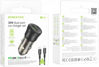 Karikues makine BOROFONE BZ325 38W PD QC 3.0, USB-A 18W + Type-C 20W, kabllo Type-C në Type-C 1m, e zezë
