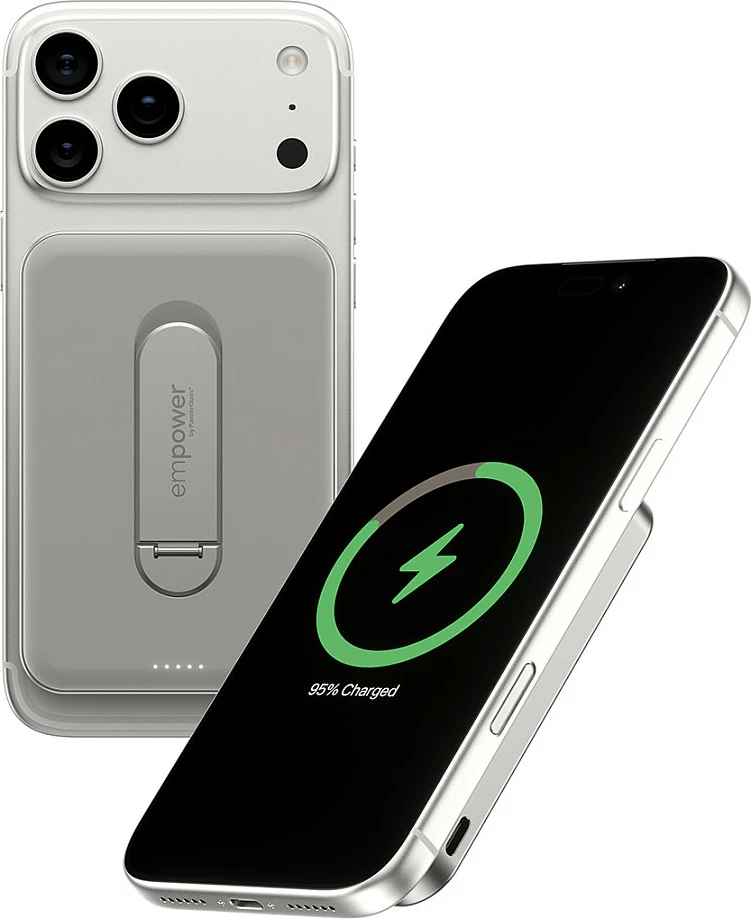 Power bank PanzerGlass empower Bank Spin Stand, 5000mAh, Qi2/MagSafe, 15W wireless, USB-C 20W, Titanium