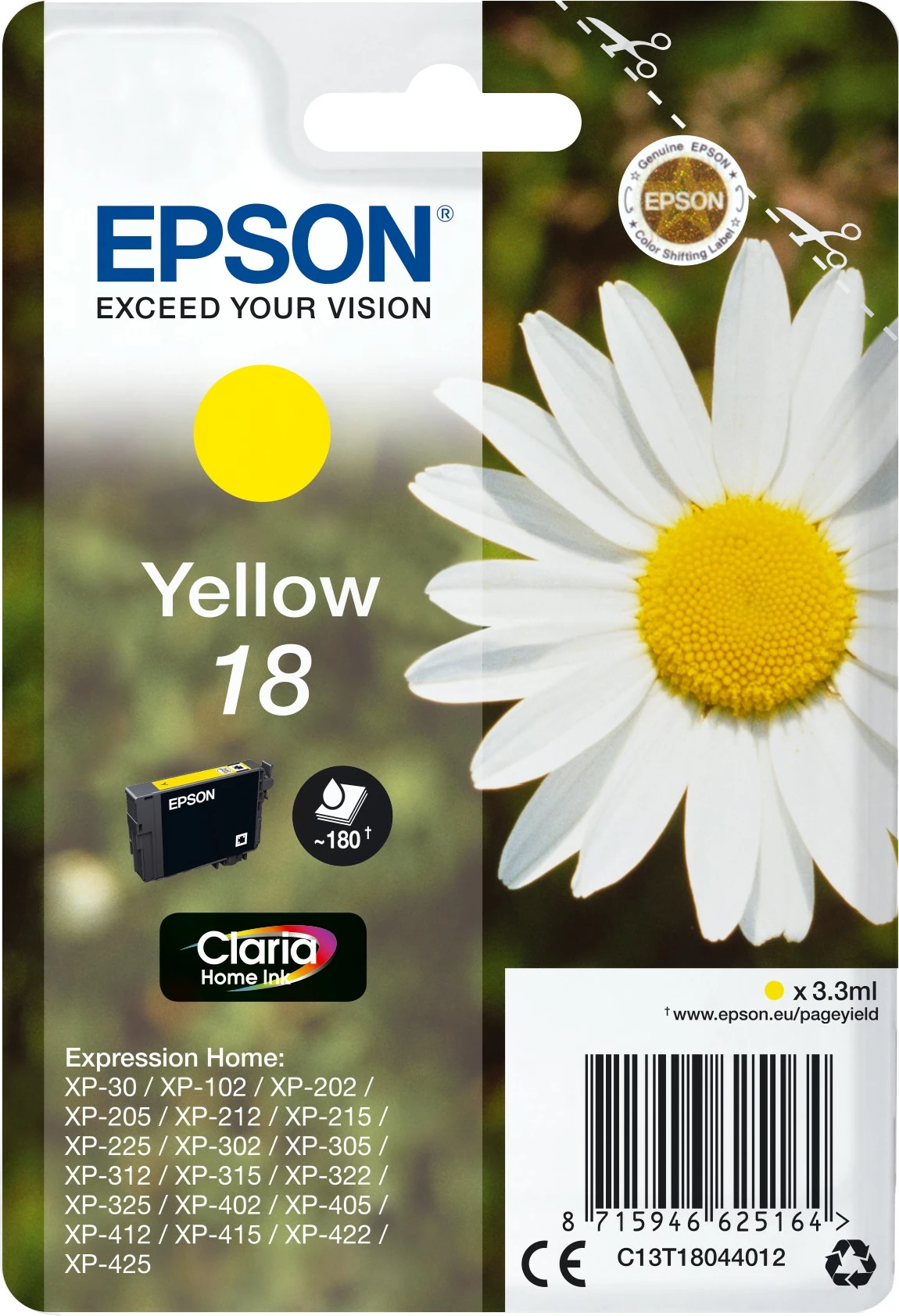 Toner Epson Daisy Singlepack Yellow 18 Claria Home Ink, 3.3 ml, Pigment-based