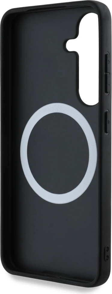 Mbështjellës BMW Leather Tricolor Stripe MagSafe për Samsung Galaxy S25+, lëkurë natyrale, hardcase, me unazë magnetike MagSafe, e zezë