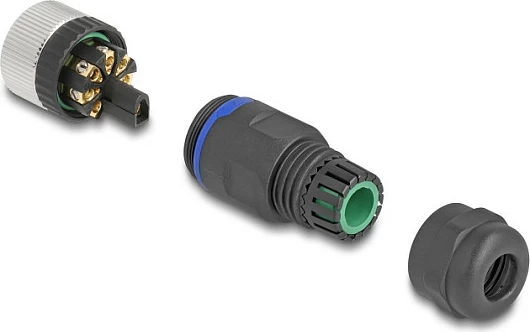Konektor DeLOCK M12 A-coded 8-pin femër, cross-connector, IP67, metal, lidhje me vidë, zi/argjend