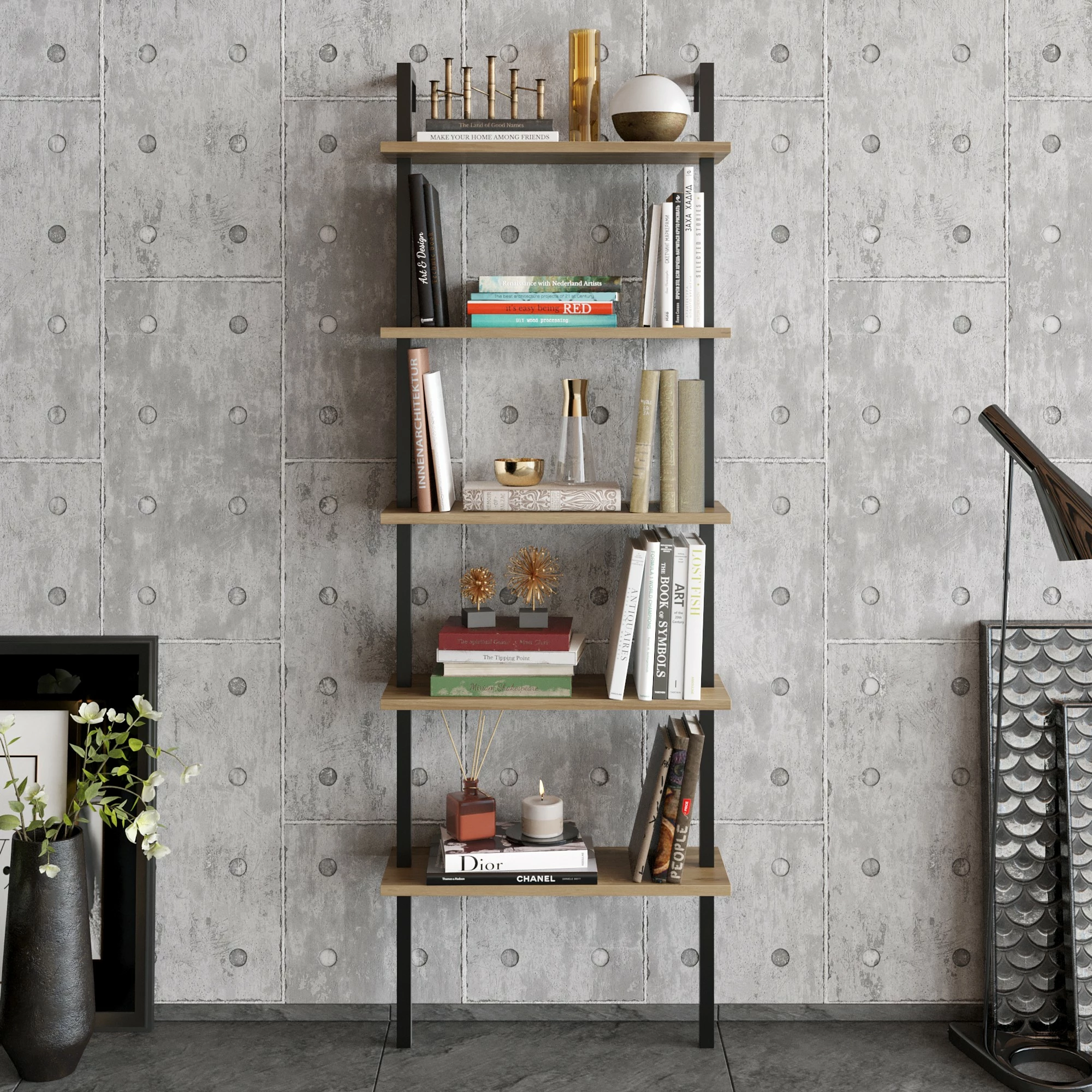 Raft librash Hanah Home, ngjyrë arre dhe e zezë, Piante