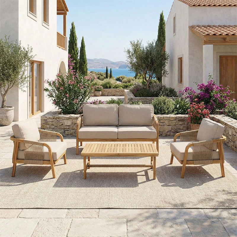 Set lounge për jashtë Malibu II, dru akacie, litar, ngjyrë natyrale, jastëkë bezhë