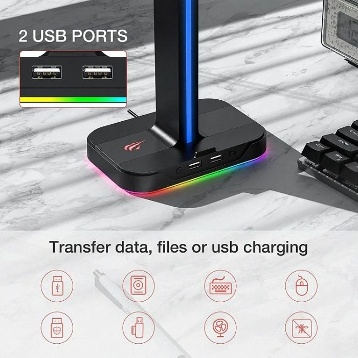Mbajtës kufjesh HAVIT Gamenote TH650, dual, RGB LED, 2x USB, i zi