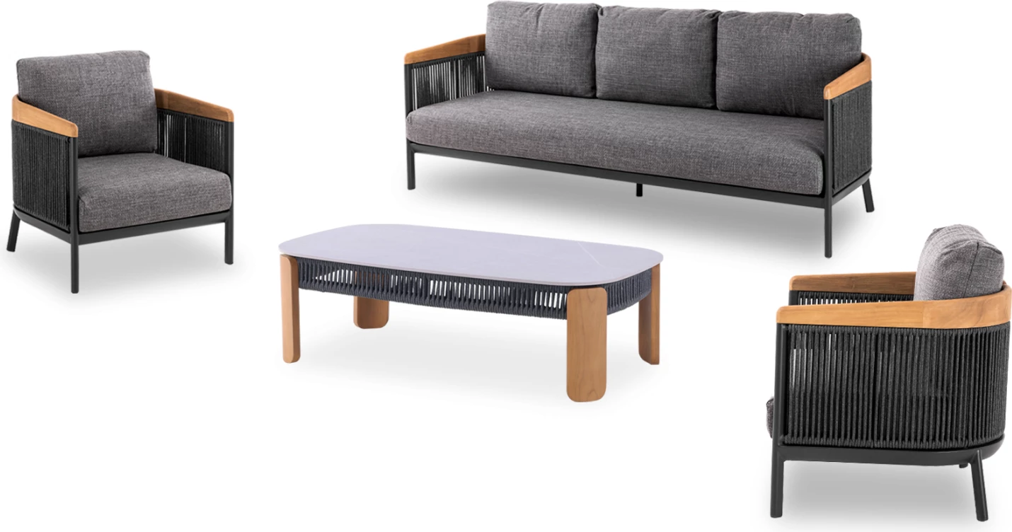 Set lounge 4 pjesësh Ethereal, alumin, litar, dru teak, gur sintetik, ngjyrë qymyr, CD6165.02