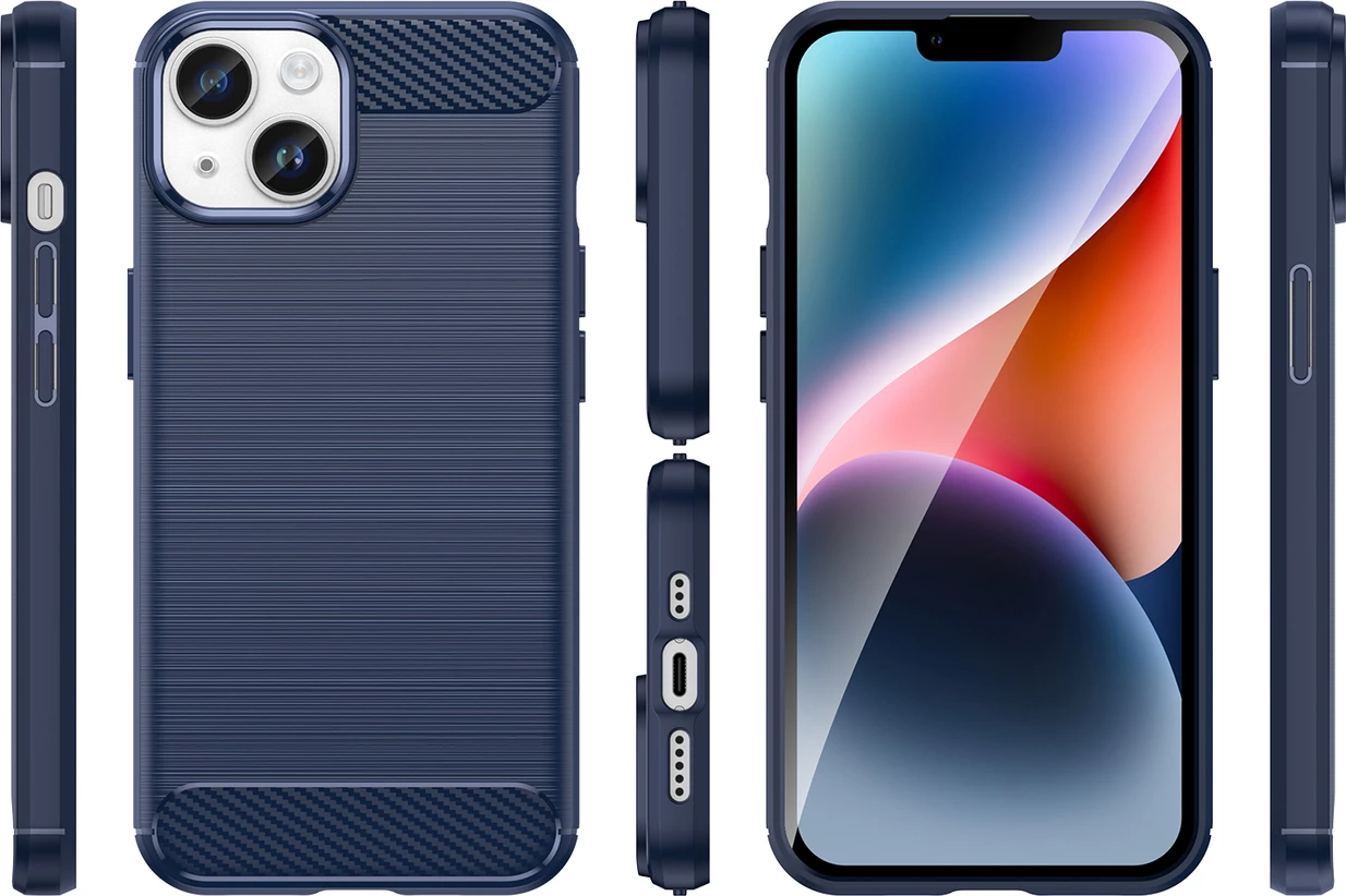 Mbështjellës Hurtel Carbon Case për iPhone 14, xhel fleksibël, blu