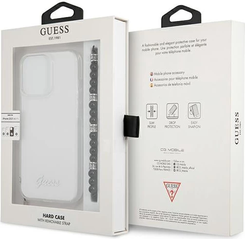 Mbështjellës Guess GUHCP13LKPSBK për iPhone 13/13 Pro 6.1", transparent me varëse perlë, Black Pearl