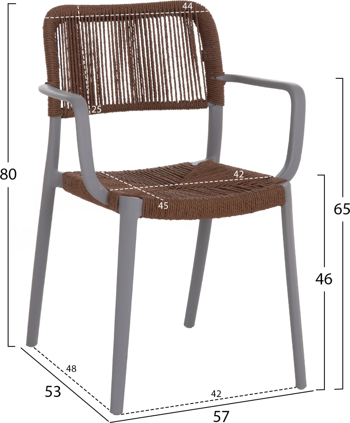Karrige për jashtë STRIDER, polipropilen gri, litar kafe, 57x53x80cm