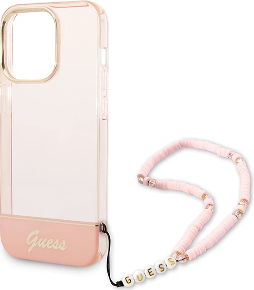 Mbështjellës Guess GUHCP14LHGCOHP për iPhone 14 Pro 6.1", hardcase, Translucent Pearl Strap, rozë