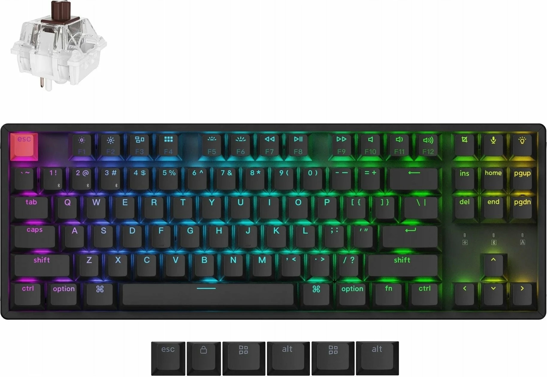 Tastierë mekanike Keychron K8 QMK (Version 2) TKL, Wireless Bluetooth 5.2/USB-C, RGB, Hot-swappable, Super Brown, PBT, kornizë alumini, US INTL, e zezë