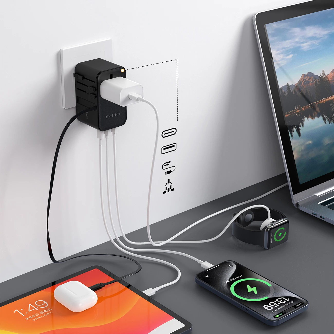 Adapter udhëtimi Choetech PD5020 me karikim të shpejtë 35W, 4 porta, USB-C/USB-A, i zi