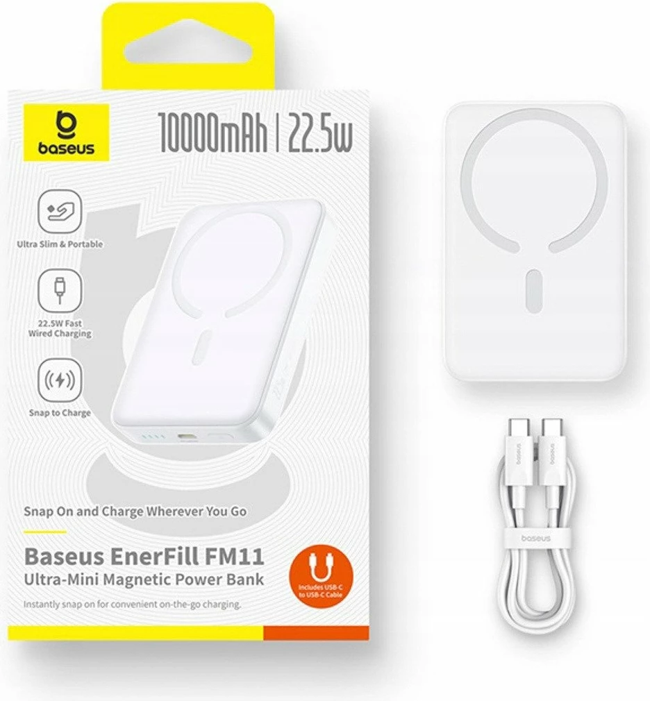 Powerbank Baseus EnerFill FM11 Ultra-Mini 10000mAh 22.5W, karikim magnetik/wireless 15W, USB-C, i bardhë