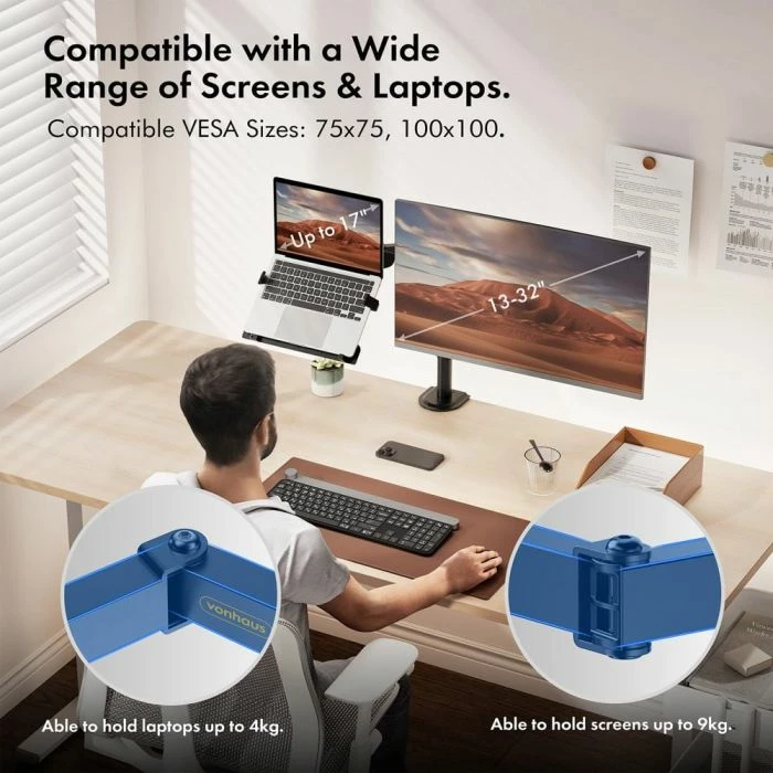 Mbajtëse dyfishe monitori dhe laptopi VONHAUS 3000114, për 2 monitorë 13-32\", montim me kapëse ose bazë, çelik, e zezë