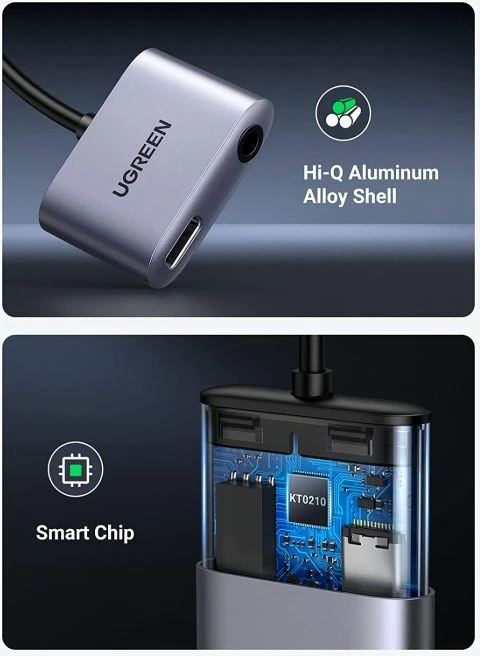adapter USB-C në 3.5mm + USB-C UGREEN 60164, 2-në-1, PD 60W, DAC 24bit/96kHz, gri