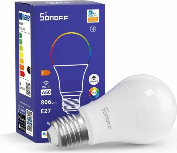 Llambë smart LED SONOFF B05-BL-A60, E27, 9W, RGB, Wi‑Fi/Bluetooth, 806 lm, 2700K-6500K, e bardhë