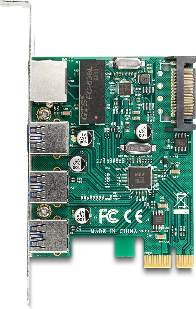 Kartë zgjerimi PCIe DeLOCK, 3x USB 3.2 Gen 1 Type-A + 1x Gigabit LAN, jeshile/gri