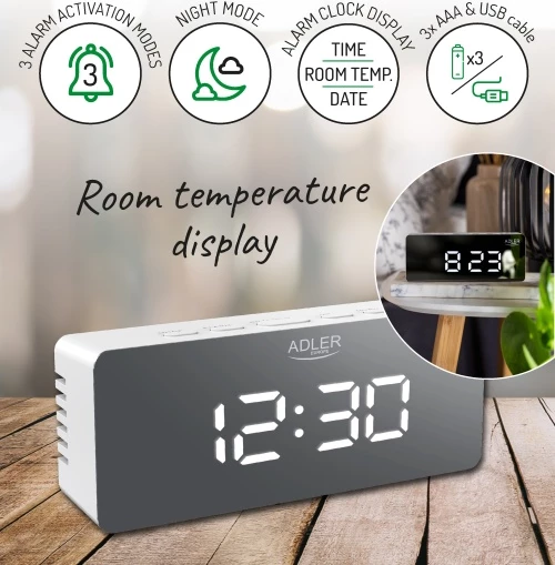 Orë me alarm, Adler AD 1189, ekran LED, shfaqje temperature dhe date, ndriçim i rregullueshëm, USB/3xAAA, e bardhë