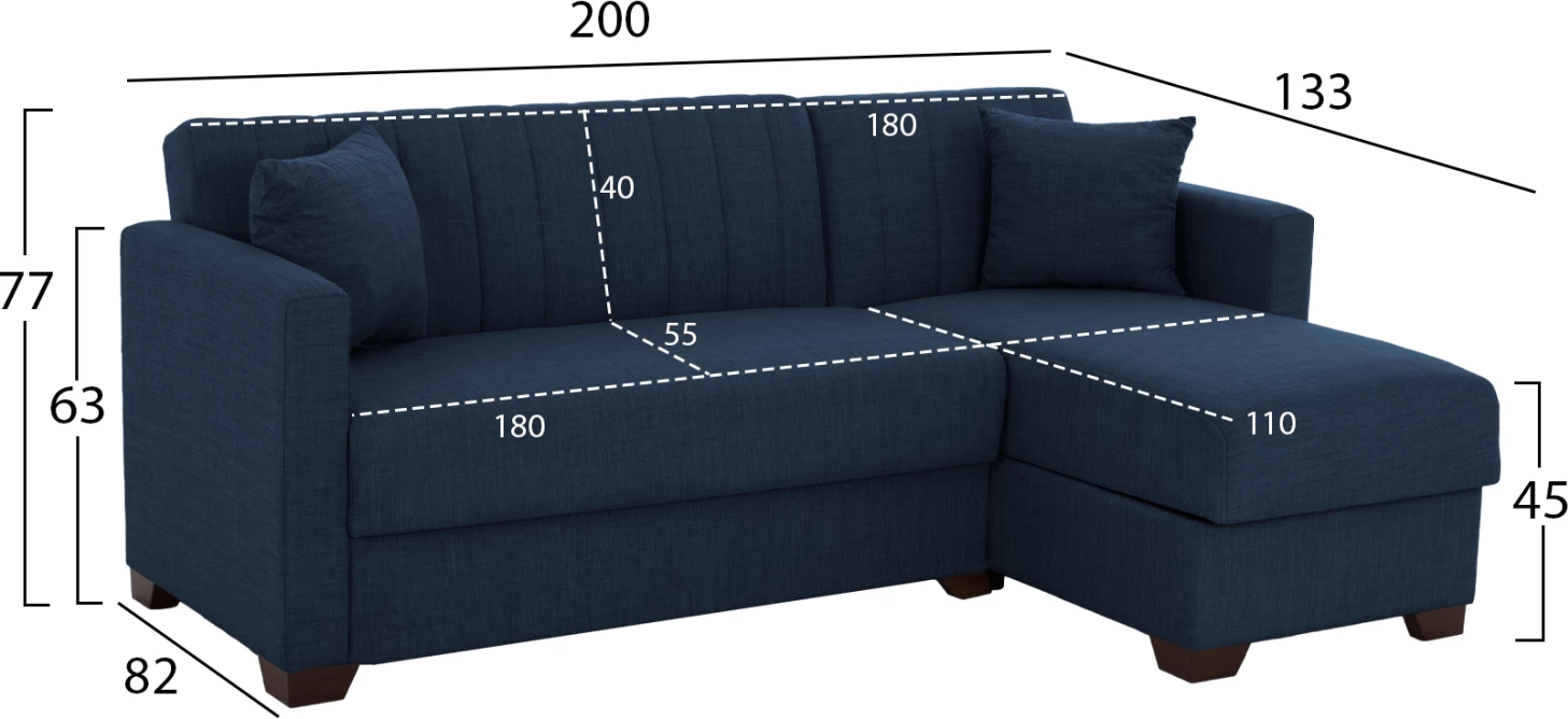 Divan qoshe me shtrat GHUFRAN FH3244.07, i kthyeshëm me hapësirë magazinimi, pëlhurë blu, 200x133x77 cm