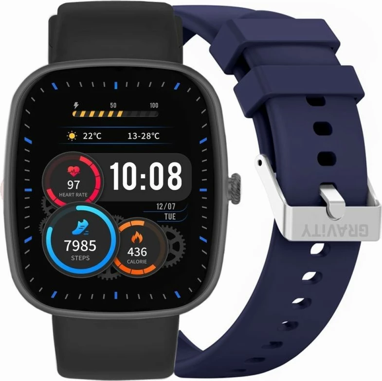 Smartwatch Gravity GT18-9, e zezë, 2 rripa