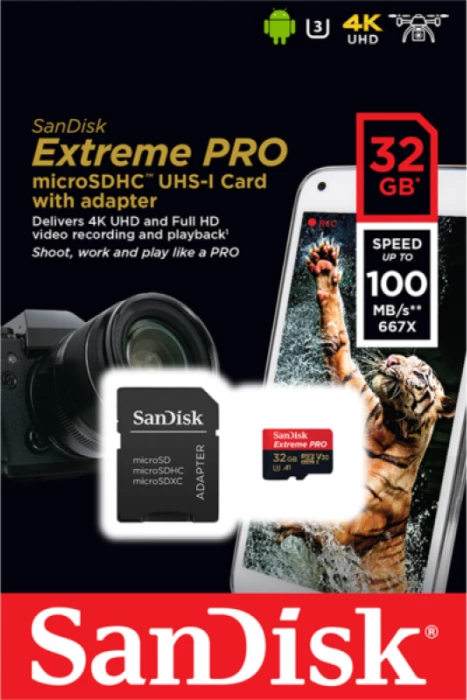 Kartelë memorje microSDHC SanDisk Extreme Pro 32GB A1 Class 10 V30 UHS-I U3, kuqe/zezë, me adapter SD