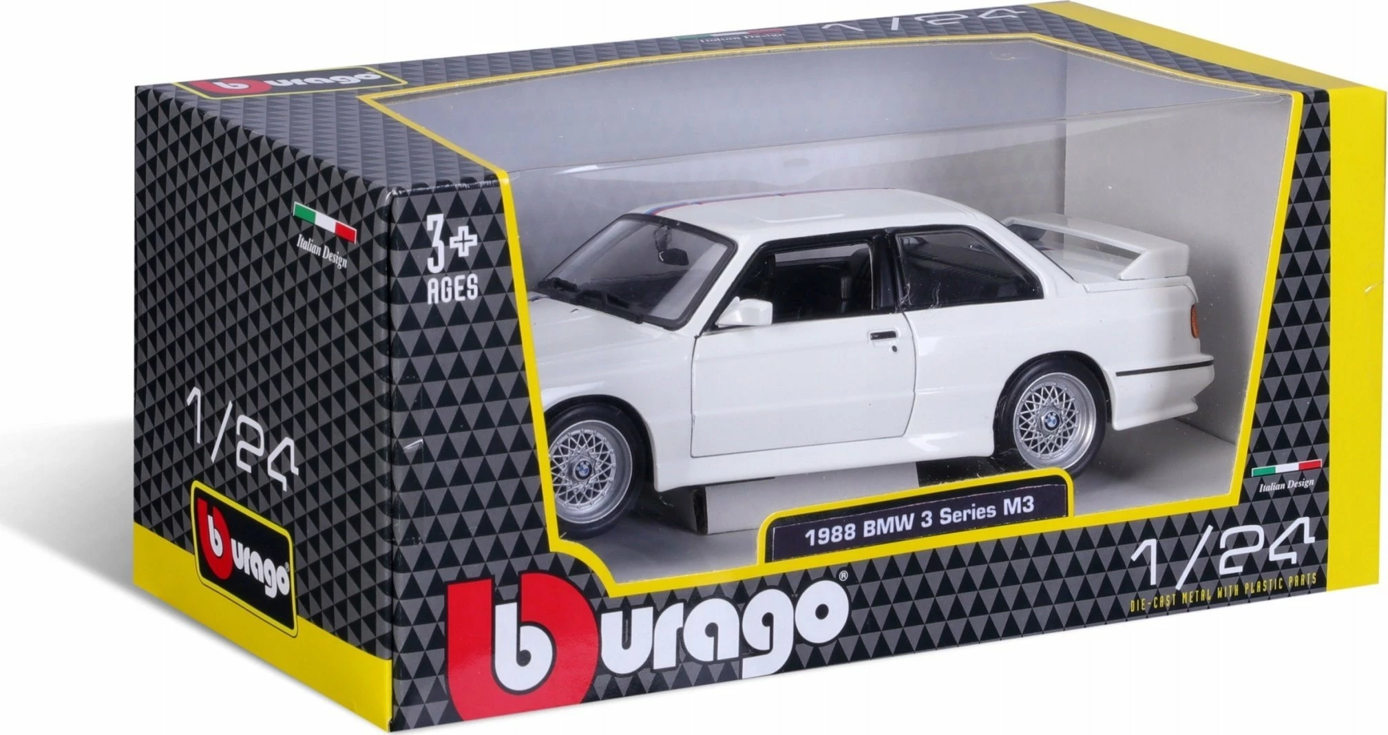 Model makine Bburago BMW 3 Series M3 1988 (E30) 1:24, metal, dyer të lëvizshme, 18.5 cm, e bardhë