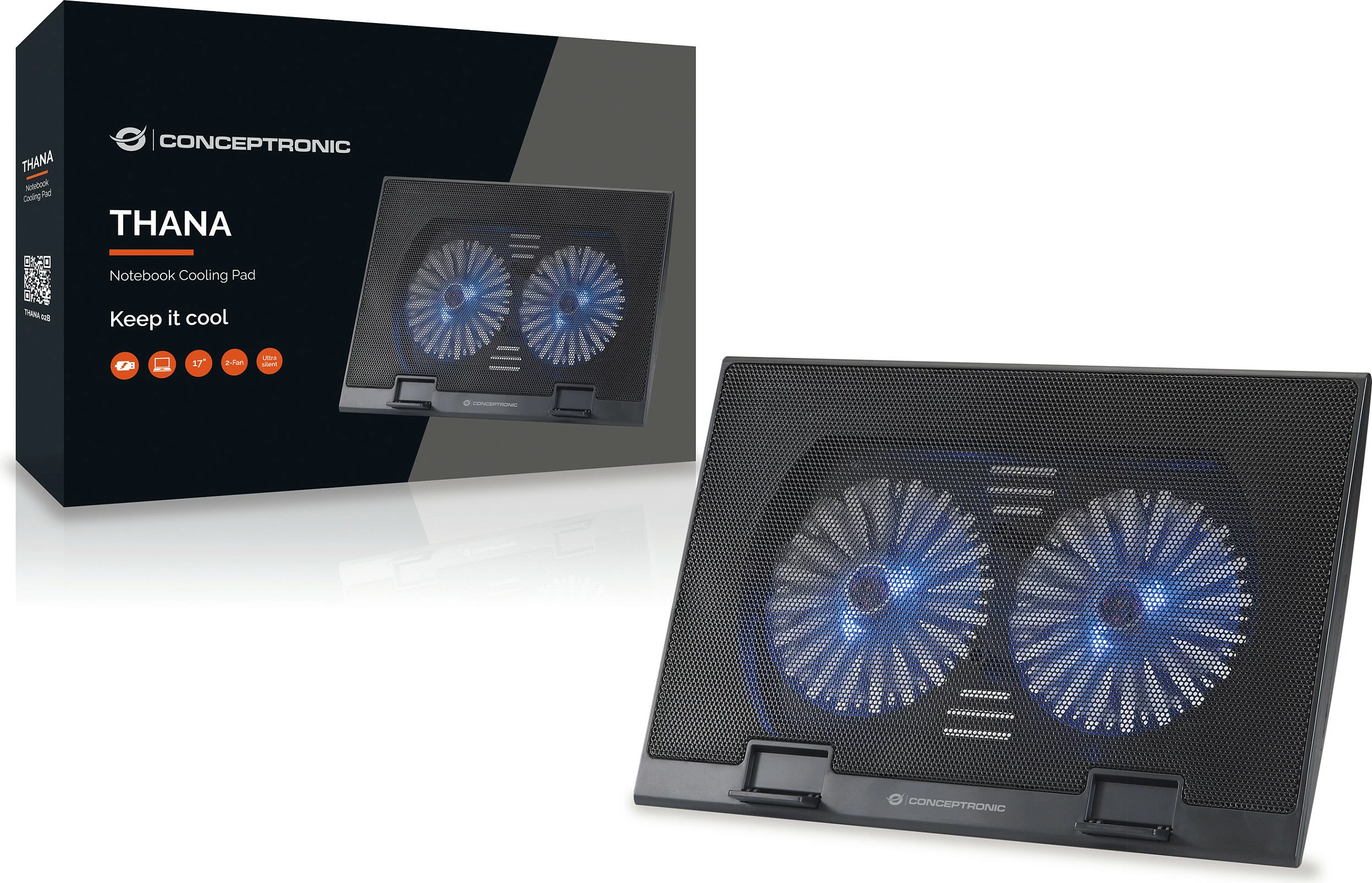 Pad ftohës laptopi Conceptronic 2-Fan, USB-A 2.0, deri 17 inç, zi