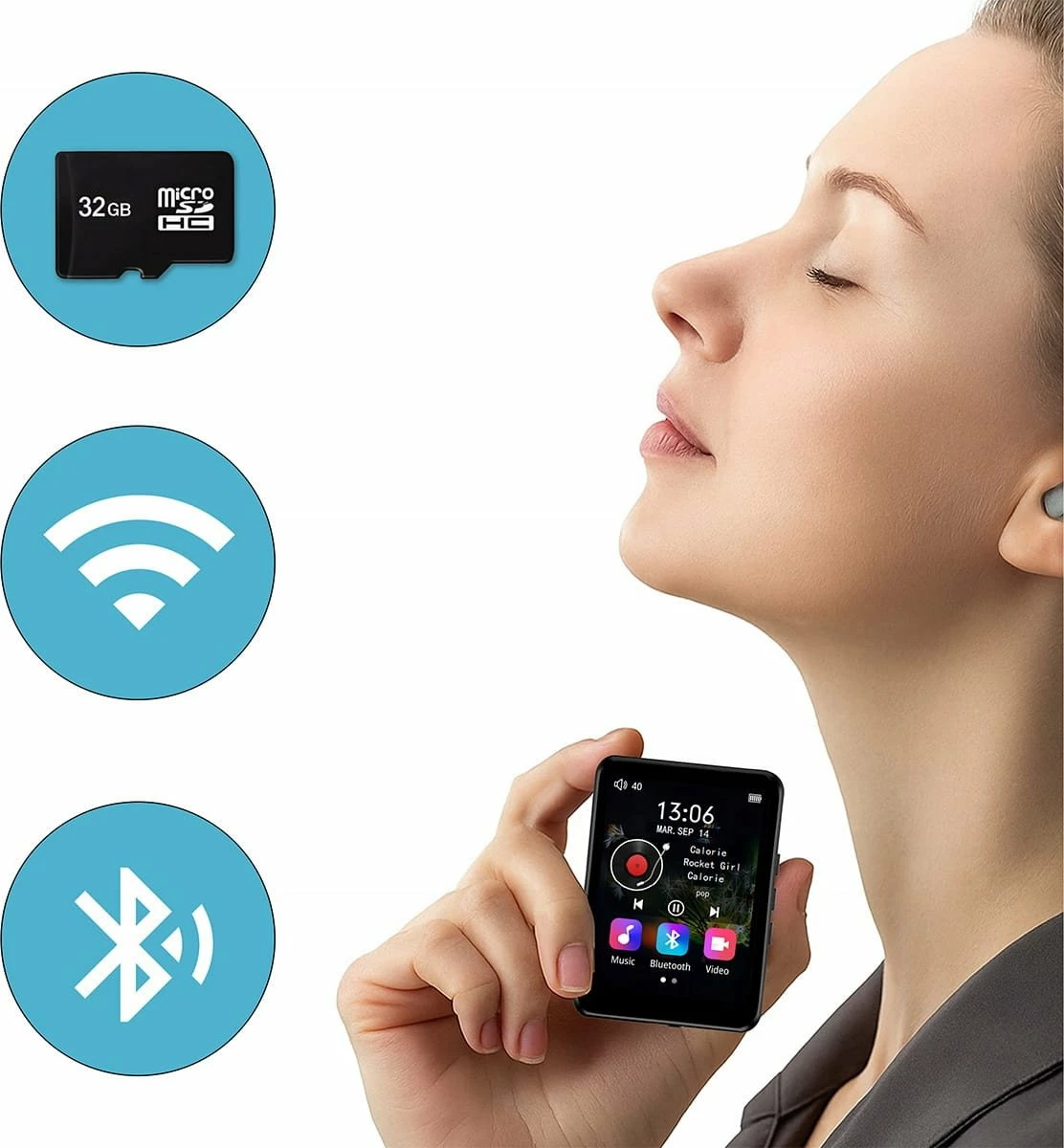 Player MP3/MP4 Zenwire Vibe P1, 32GB, Bluetooth, ekran 2.4\" IPS, radio FM, diktafon, i zi, me microSD 32GB, kufje dhe kabllo USB