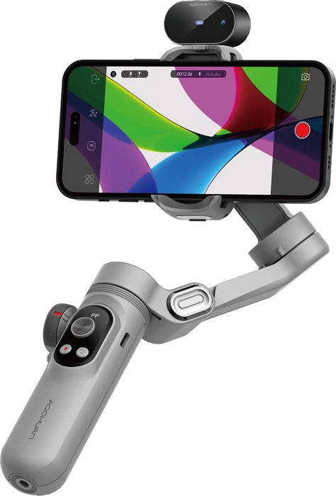 Gimbal stabilizues 3-aksësh AOCHUAN Smart X Pro 3200mAh me sensor AI, OLED, karikim pa kabllo, 55-90mm, 250g, Gri, set me tripod