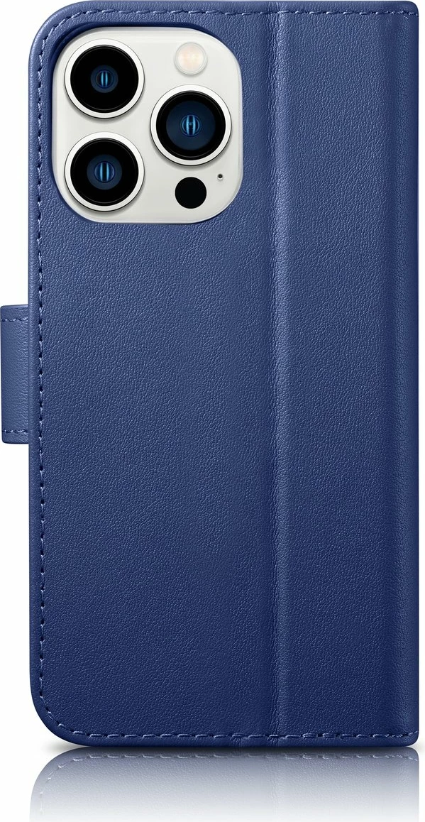 Mbështjellës iCarer Wallet Case 2in1 për iPhone 14 Pro, lëkurë natyrale, Anti-RFID, Blu