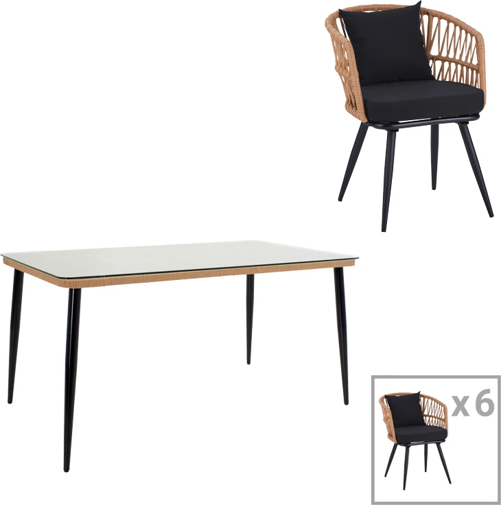 Set tavoline me karrige Naoki 7 copë metalike ngjyrë e zezë-pe natyrale-xham 160x90x78cm