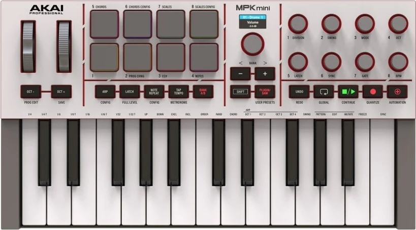 Kontrollues MIDI AKAI MPK Mini MK4, 25 taste, 8 pads, 8 knob-a, USB, Bardhë