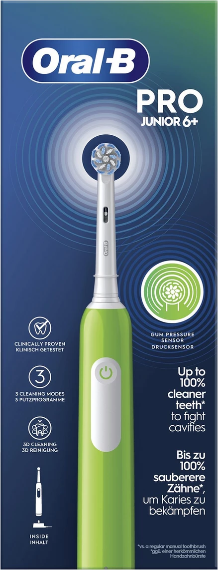 Furçë dhëmbësh elektrike, Oral-B, Junior Base 743027, për fëmijë 6+, kontroll presioni, jeshile
