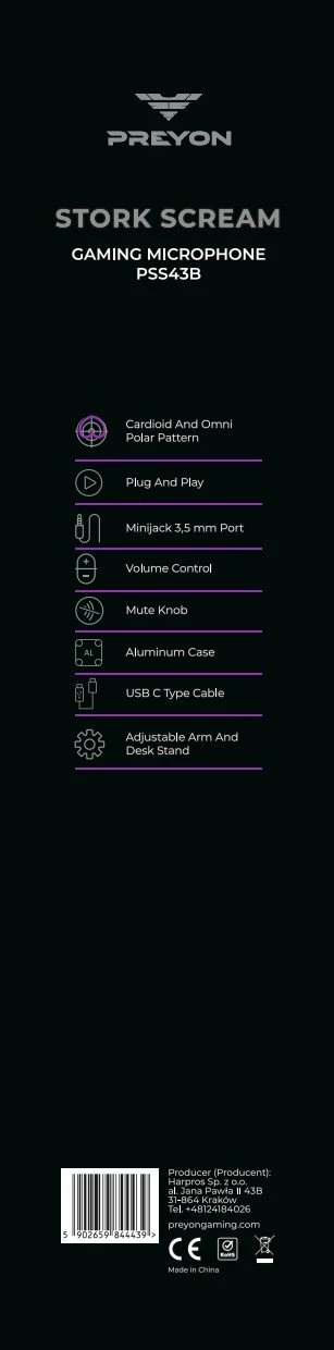 Mikrofon PREYON Stork Scream PSS43B, USB, cardioid/omnidirectional, me krah montimi, i zi, set