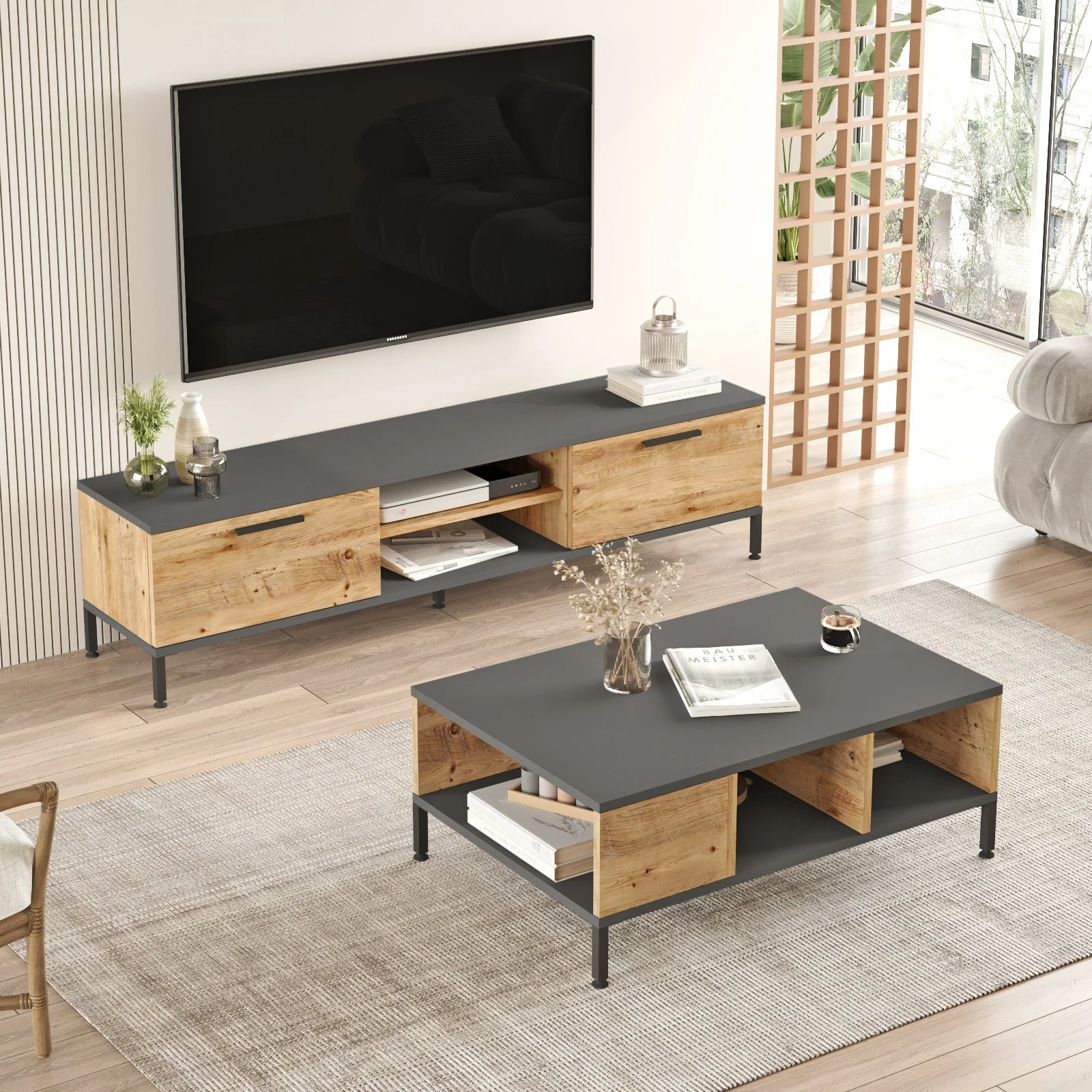 Set mobiljesh për dhomë dite Hanah Home, Rl5-Aa, ngjyrë Atlantic Pine dhe Antracit