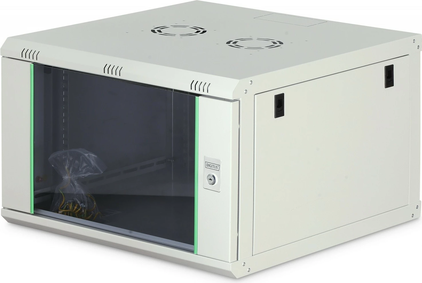 Kabinë rrjeti murale 19", Digitus DN-37102, 7U, 385x600x600 mm, derë xhami, 60 kg, gri, i pamontuar