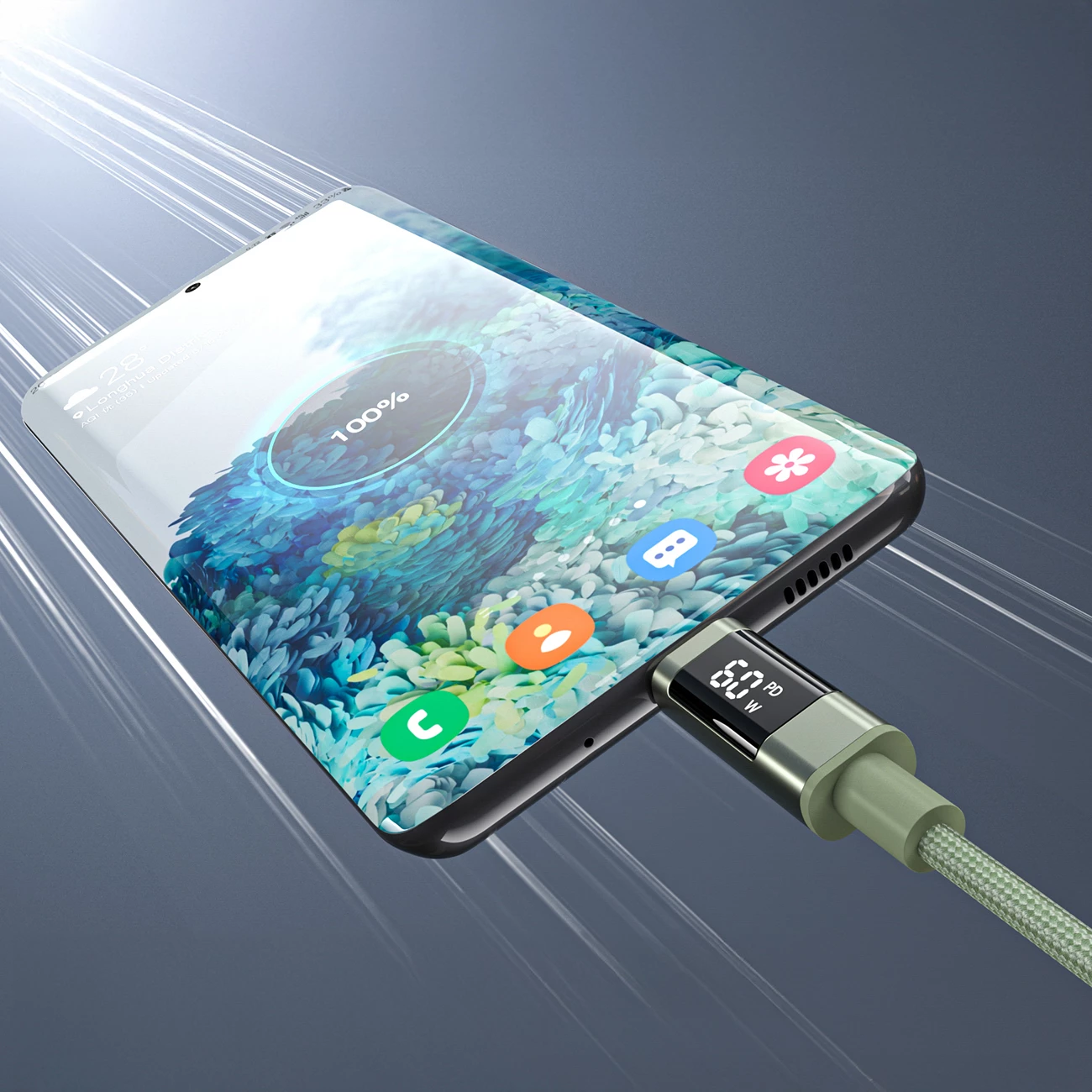 Kabllo USB-C në USB-C Choetech XCC-1068 PD 60W 1.2 m me ekran, e gjelbër, 1 copë