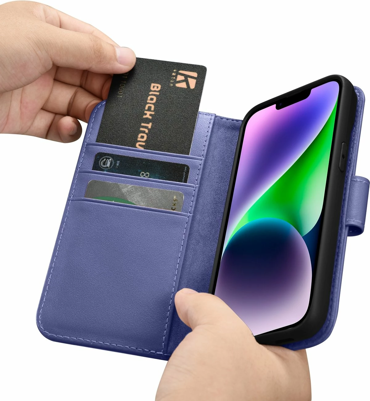 Mbështjellës iCarer Wallet Case 2in1 për iPhone 14 Plus, lëkurë natyrale, Anti-RFID, Vjollcë e çelët