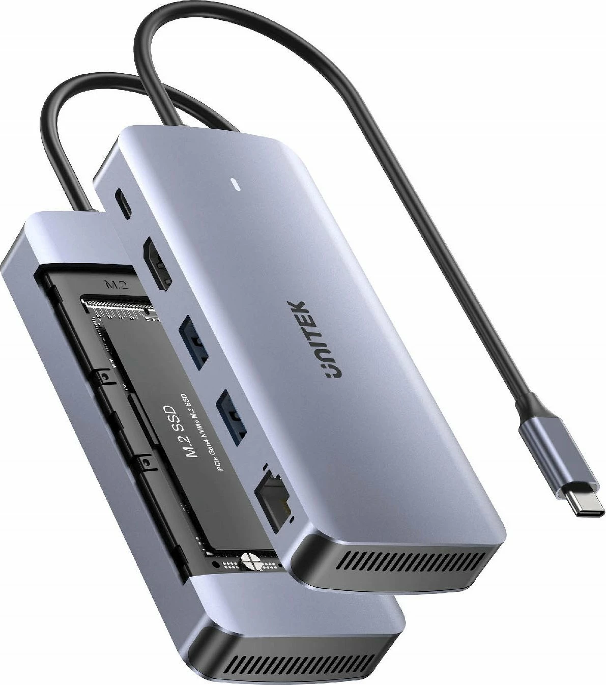 Hub USB-C aktiv Unitek D1120A01 10Gbps, HDMI, Ethernet, M.2 SSD, PD 100W, gri