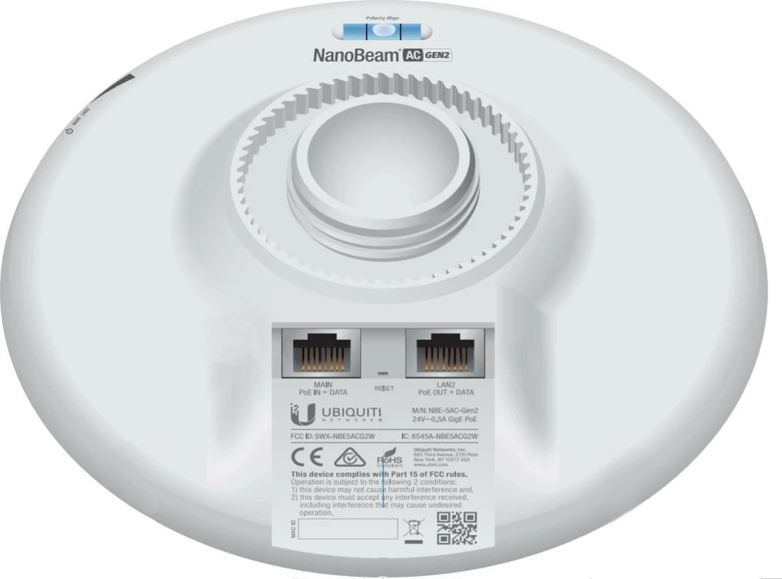 Access point Ubiquiti NanoBeam 5AC Gen 2, 450 Mbit/s, Wi-Fi, 2x Gigabit LAN, e bardhë