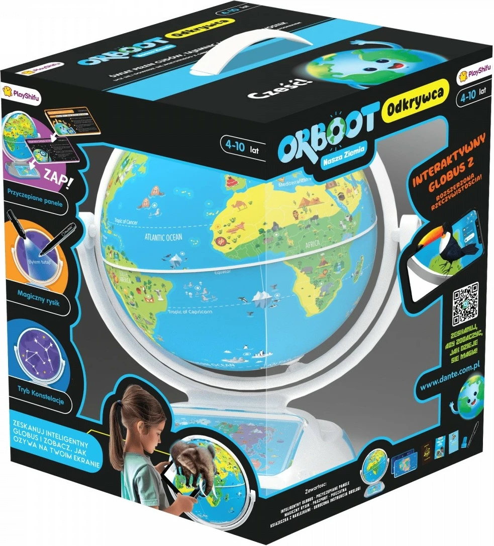 Globus interaktiv edukativ Dante PlayShifu Orboot Explorer, AR me aplikacion, stilolaps UV, bateri të integrume, blu/jeshil