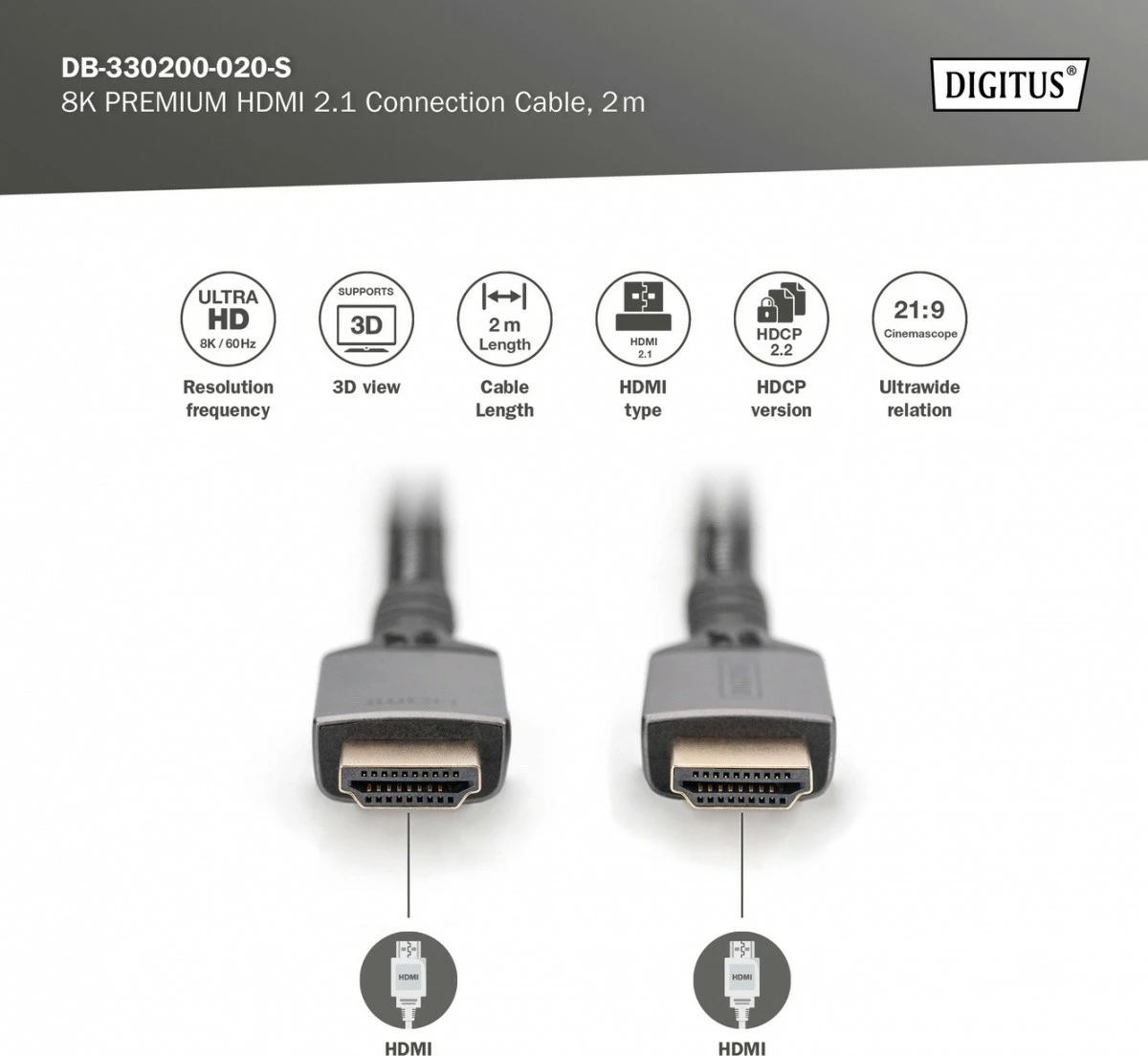 Kabllo HDMI Digitus DB-330200-020-S Ultra High Speed 2m, 8K, E zezë/Gri