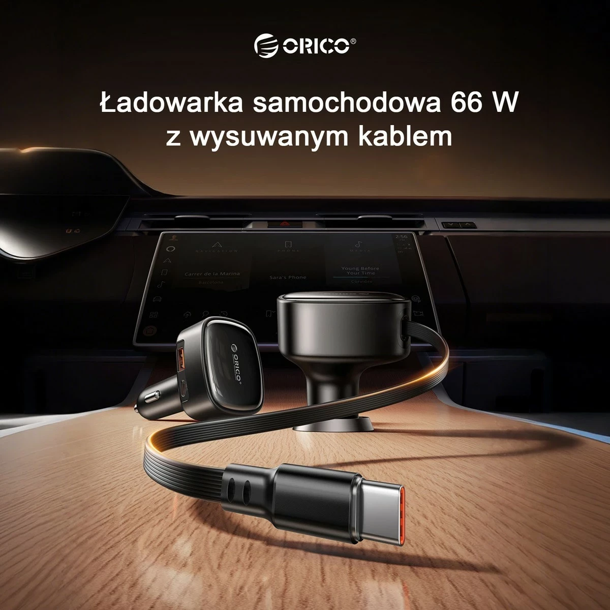 Karikues veture Orico 66W, PD, USB-C/USB-A, kabllo USB-C e tërheqshme, i zi