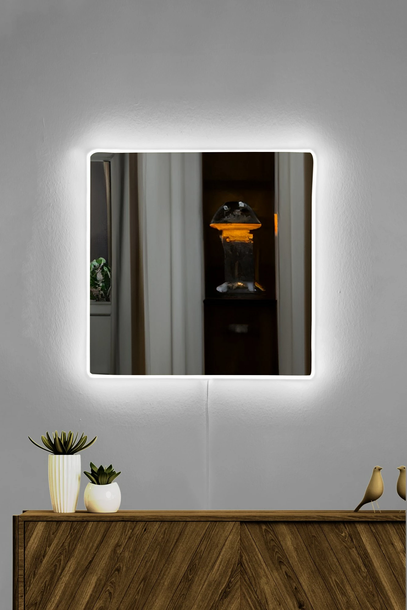 Pasqyrë me ndriçim LED, katrore, e bardhë, 30x30cm