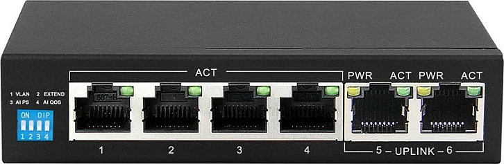 Switch Extralink KRIOS PoE, 4x Gigabit PoE/PoE+, 2x Uplink RJ45, 60W, i zi