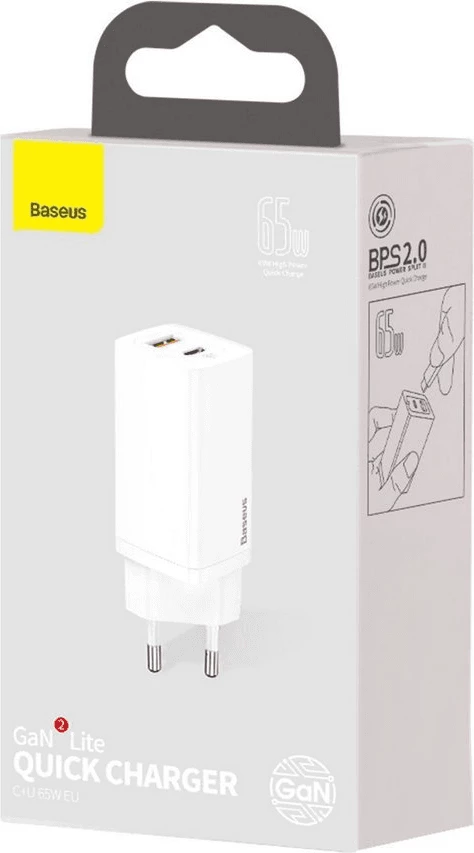 Karikues muri BASEUS GaN2 Lite Quick Charge 65W, 220V, 1x USB-A + 1x USB-C, i bardhë, EU Blister