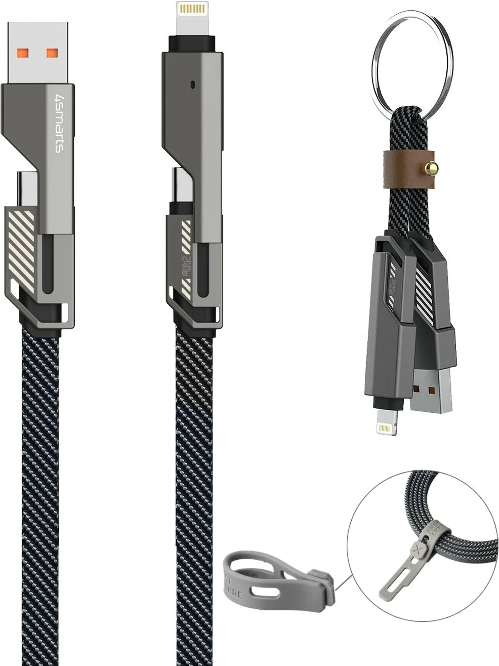 Kabllo USB-C 4smarts ComboCord Flat 240W 1.5m me keyring, e zezë